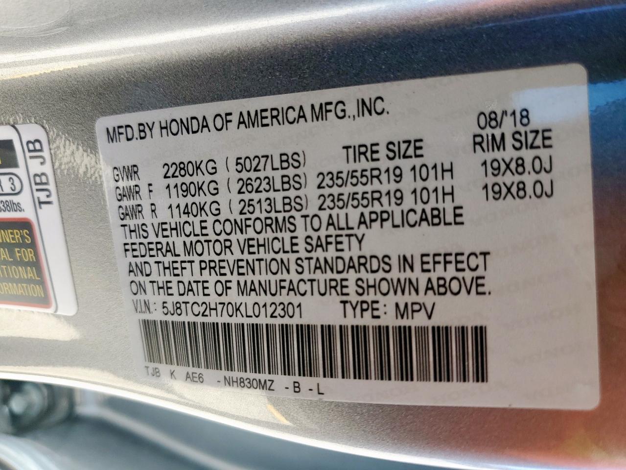 2019 Acura Rdx Advance VIN: 5J8TC2H70KL012301 Lot: 90827545