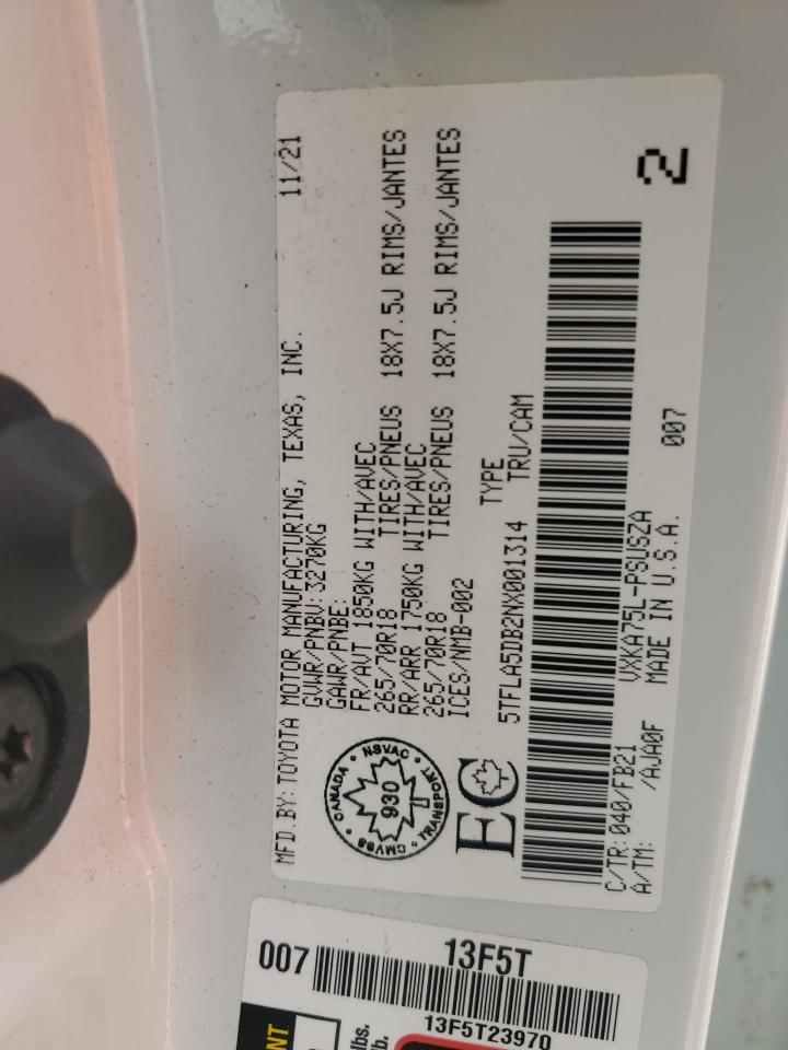 2022 Toyota Tundra Crewmax Sr VIN: 5TFLA5DB2NX001314 Lot: 85323525