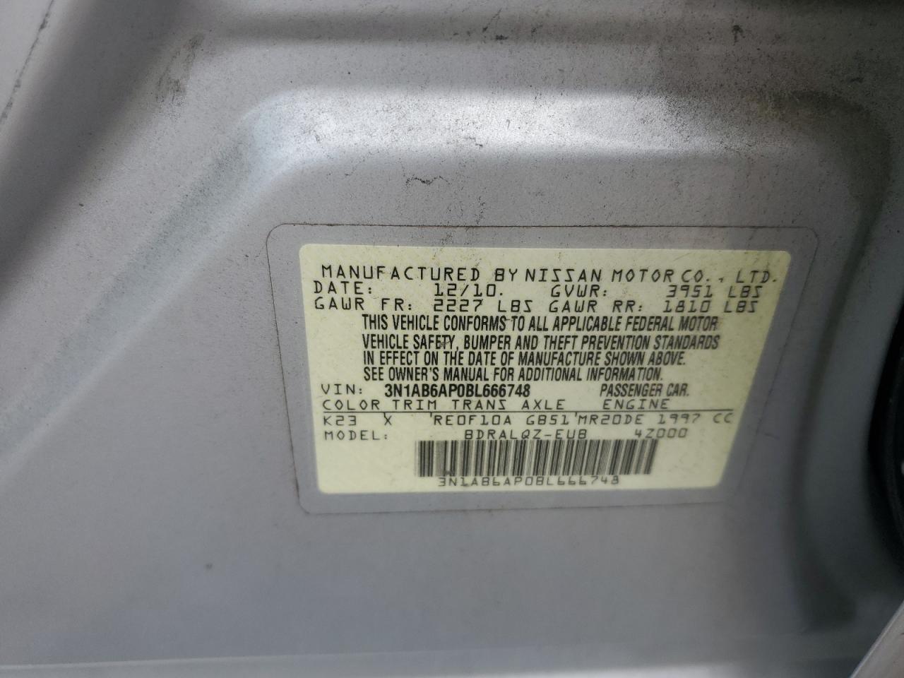 2011 Nissan Sentra 2.0 VIN: 3N1AB6AP0BL666748 Lot: 84767915