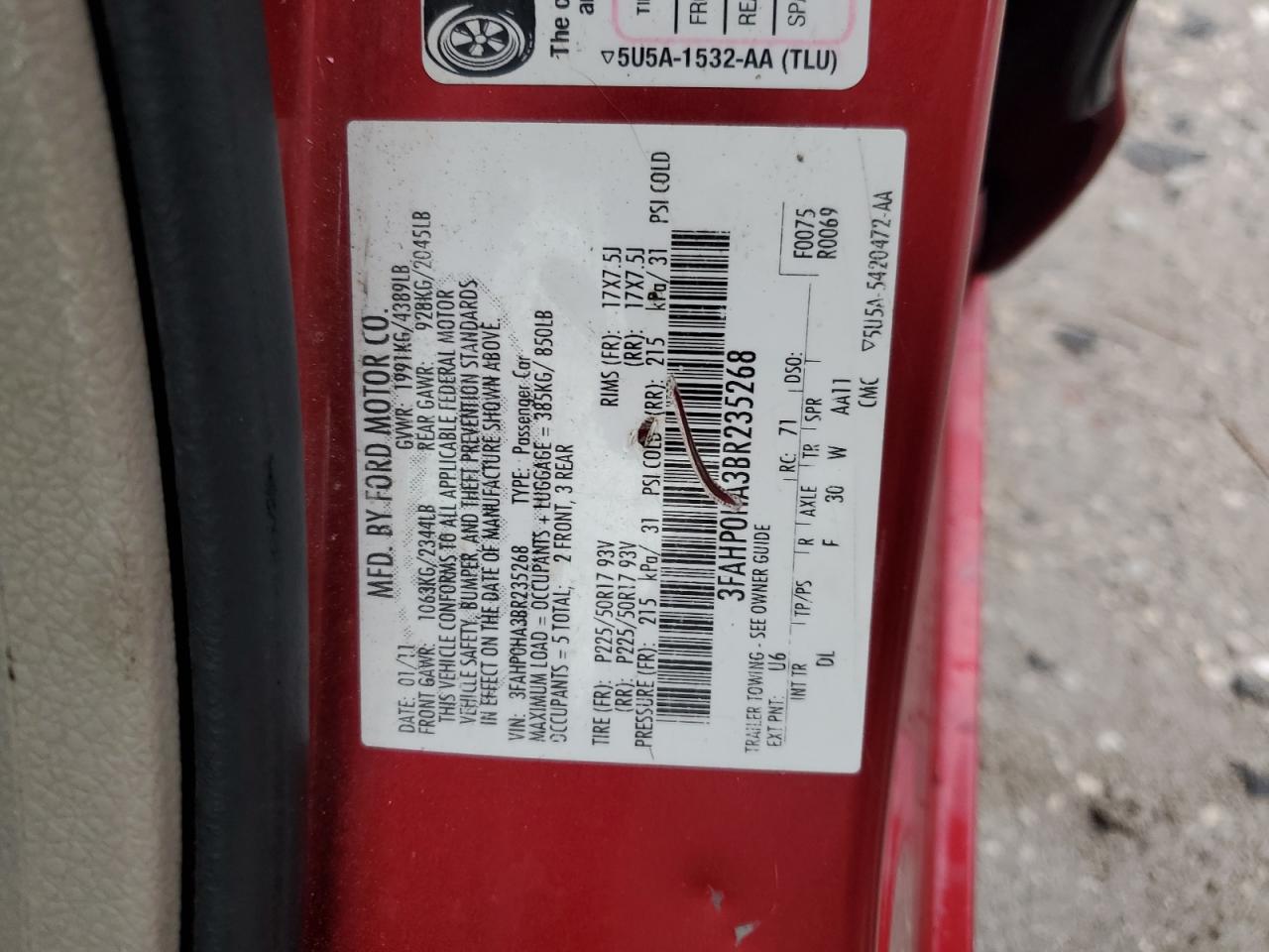 2011 Ford Fusion Se VIN: 3FAHP0HA3BR235268 Lot: 89692595