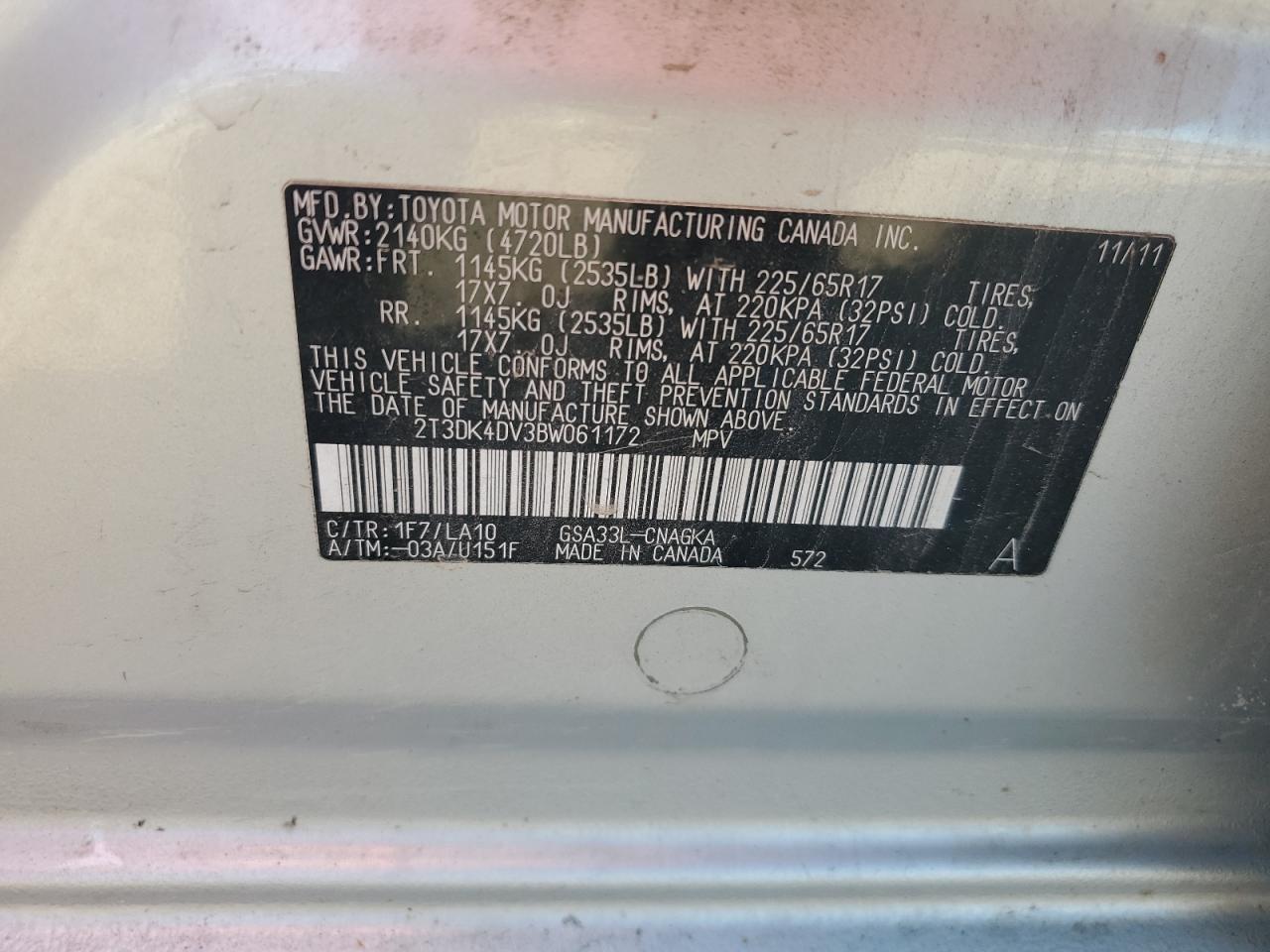 2011 Toyota Rav4 Limited VIN: 2T3DK4DV3BW061172 Lot: 86323605