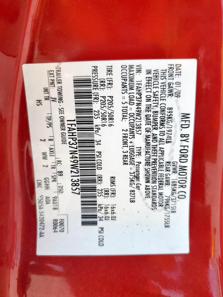 2009 Ford Focus Sel VIN: 1FAHP37N49W213857 Lot: 85514835