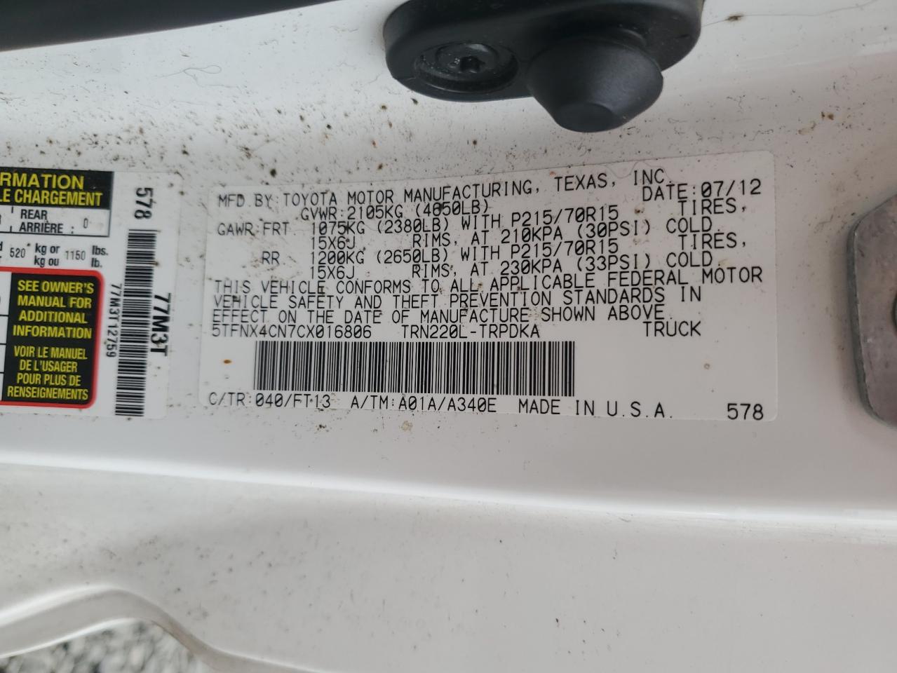 2012 Toyota Tacoma VIN: 5TFNX4CN7CX016806 Lot: 82335065