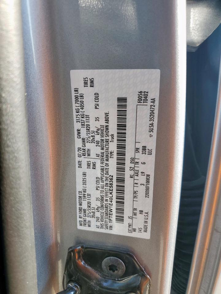 2020 Ford F150 Supercrew VIN: 1FTEW1E40LKE58362 Lot: 82199535