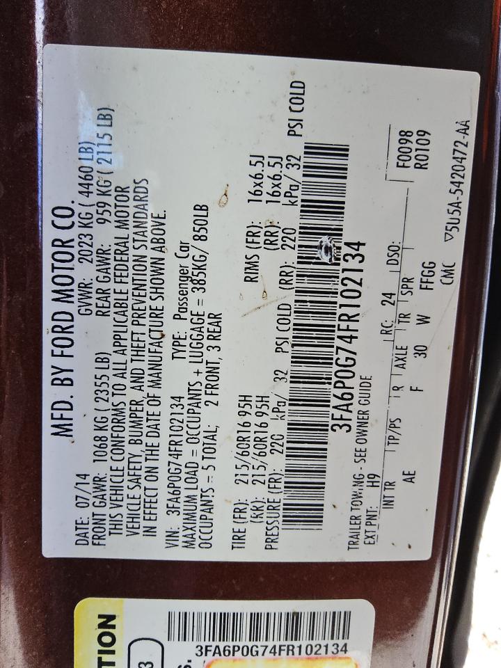 2015 Ford Fusion S VIN: 3FA6P0G74FR102134 Lot: 85877965