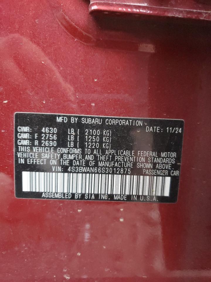 2025 Subaru Legacy Limited VIN: 4S3BWAN66S3012875 Lot: 90430665