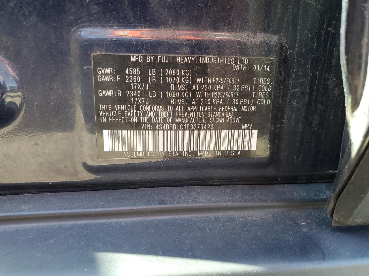 2014 Subaru Outback 2.5I Limited VIN: 4S4BRBLC1E3273420 Lot: 85777235