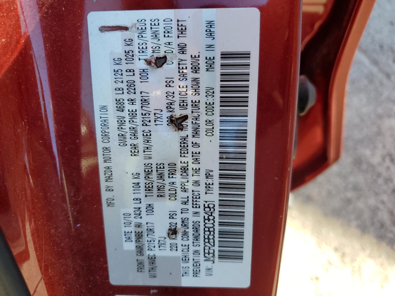 2011 Mazda Cx-7 VIN: JM3ER2B59B0354951 Lot: 86446205