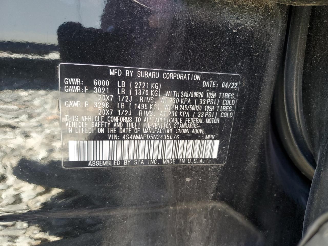 2022 Subaru Ascent Limited VIN: 4S4WMAPD5N3435076 Lot: 85719685