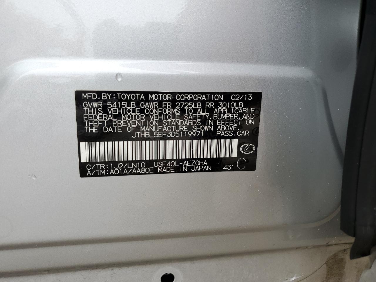 2013 Lexus Ls 460 VIN: JTHBL5EF3D5119971 Lot: 87129545