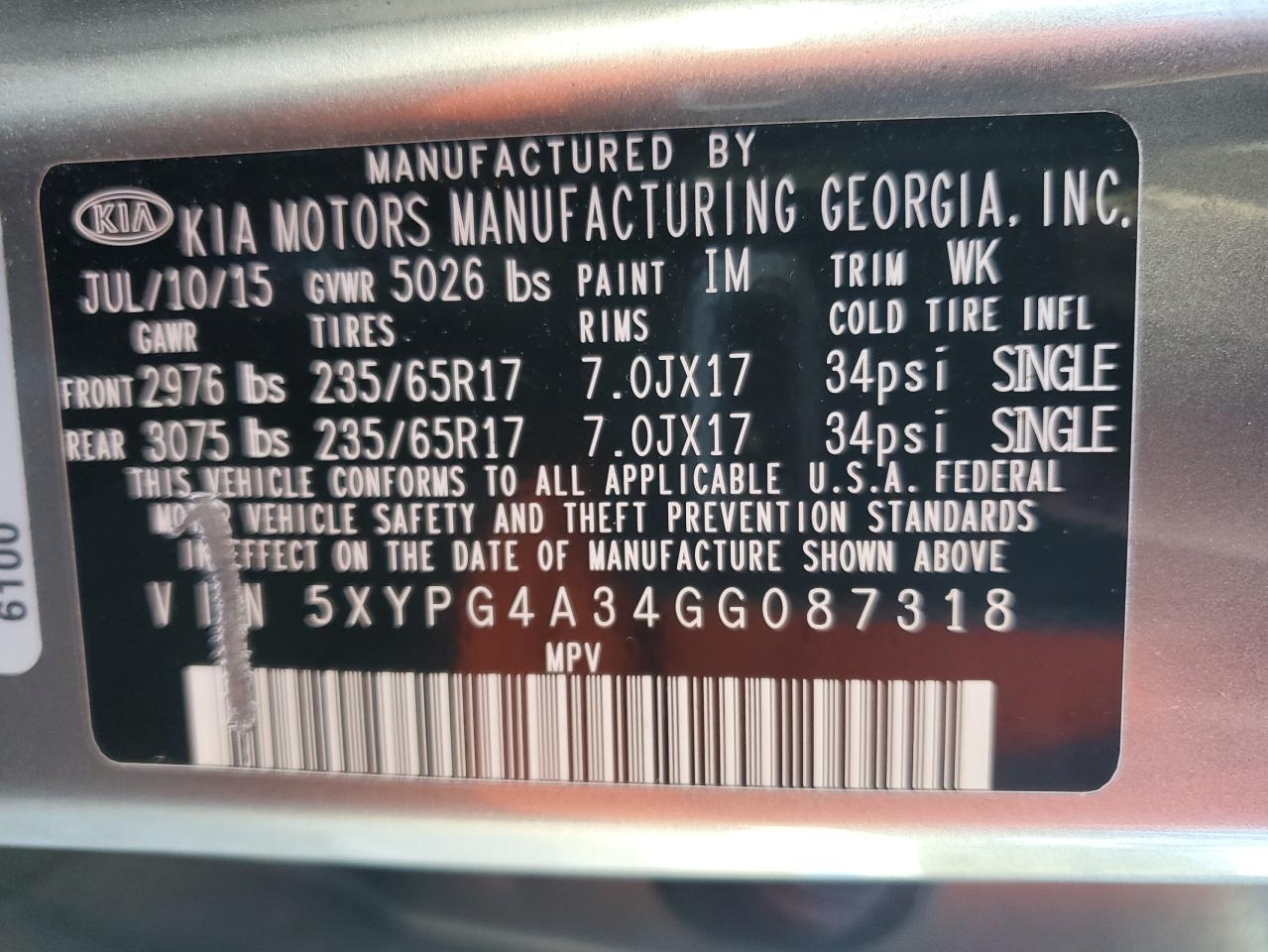 2016 Kia Sorento Lx VIN: 5XYPG4A34GG087318 Lot: 81919555