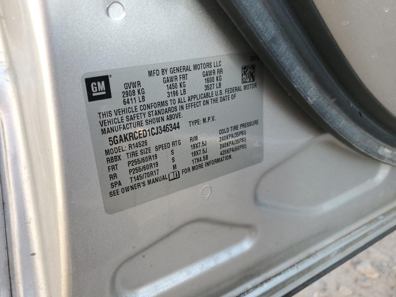 2012 Buick Enclave VIN: 5GAKRCED1CJ346344 Lot: 84459775