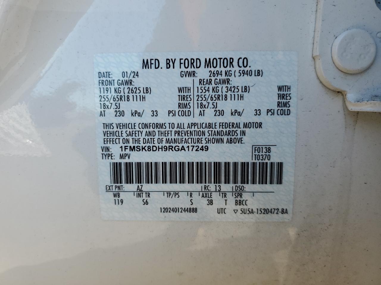 2024 Ford Explorer Xlt VIN: 1FMSK8DH9RGA17249 Lot: 86780215