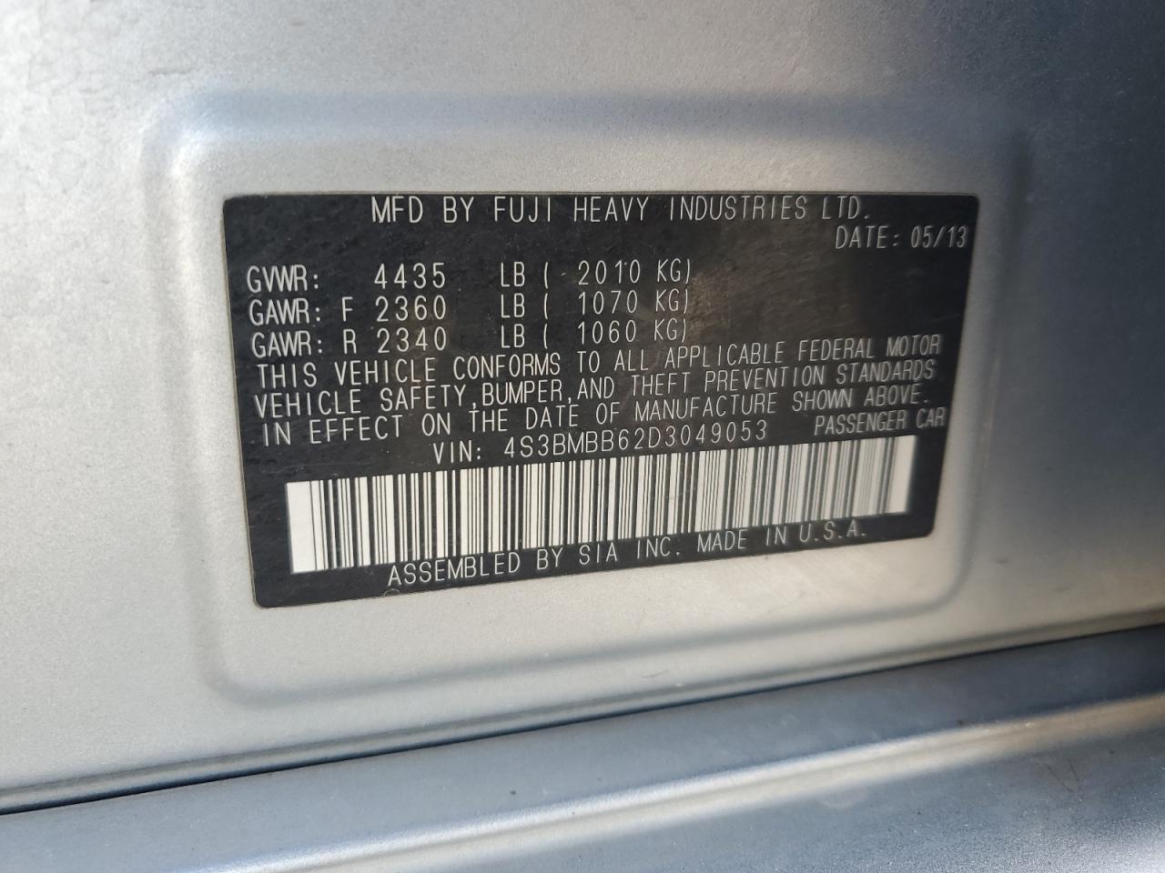 2013 Subaru Legacy 2.5I Premium VIN: 4S3BMBB62D3049053 Lot: 86689125