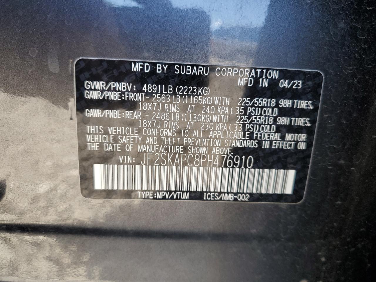 2023 Subaru Forester Limited VIN: JF2SKAPC8PH476910 Lot: 82206725