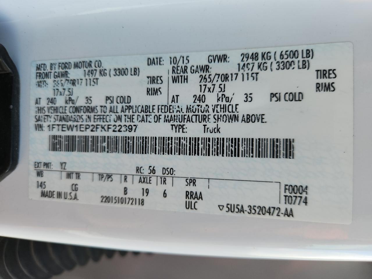 2015 Ford F150 Supercrew VIN: 1FTEW1EP2FKF22397 Lot: 81951595