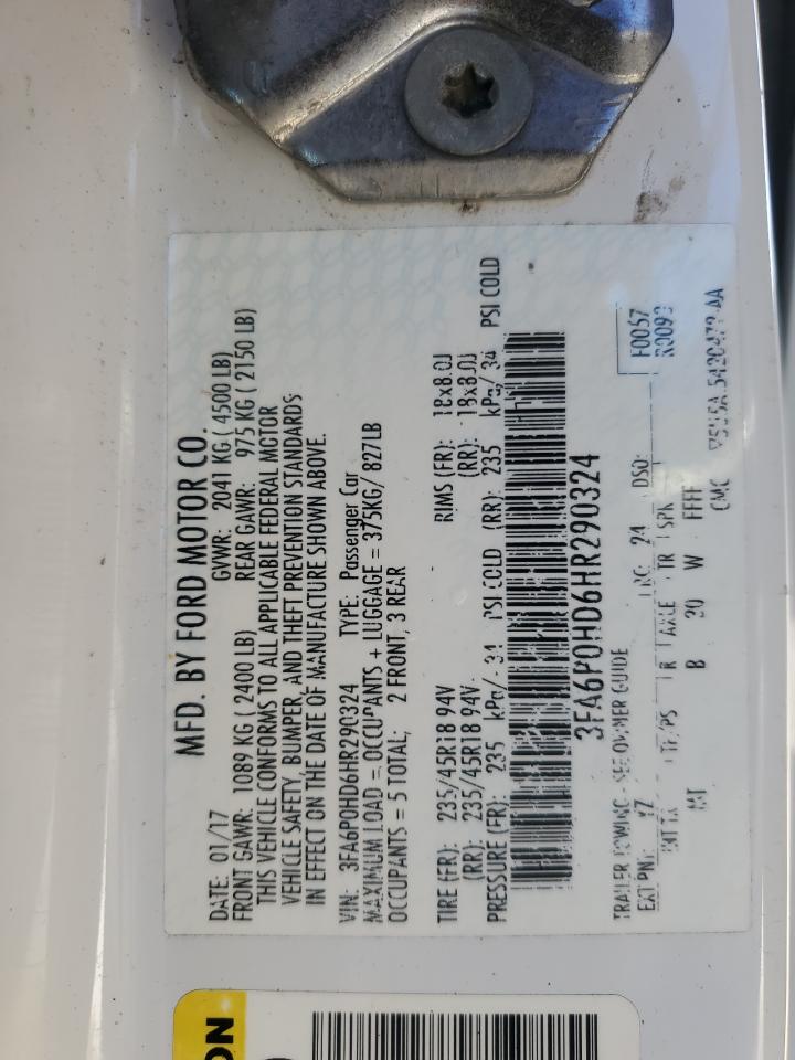 2017 Ford Fusion Se VIN: 3FA6P0HD6HR290324 Lot: 85779485