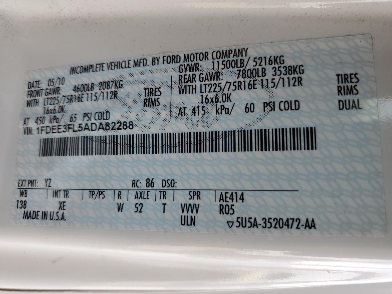 2010 Ford Econoline E350 Super Duty Cutaway Van VIN: 1FDEE3FL5ADA82288 Lot: 82003285