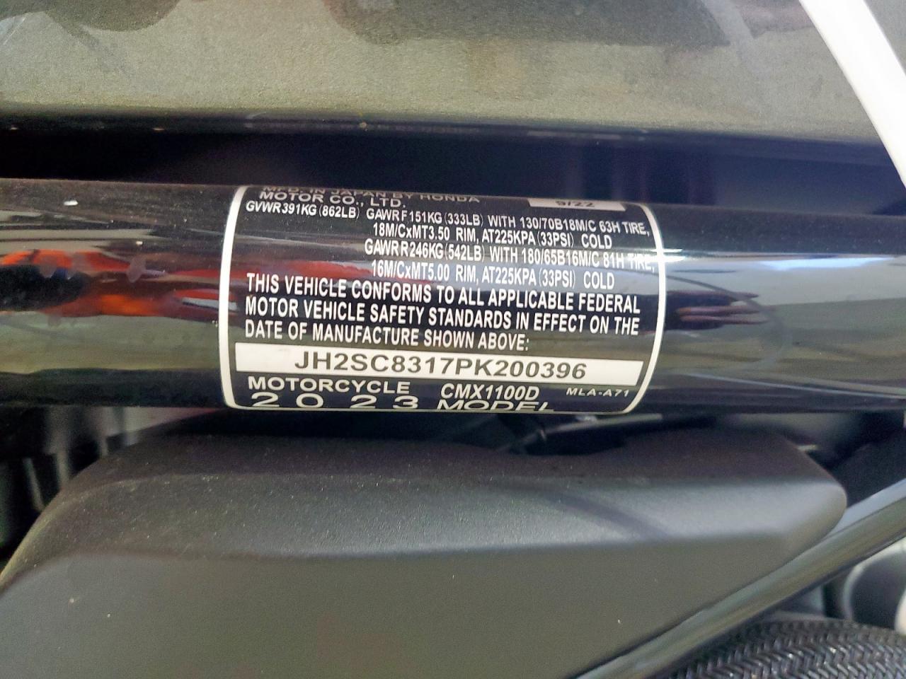 2023 Honda Cmx1100 D VIN: JH2SC8317PK200396 Lot: 85307515