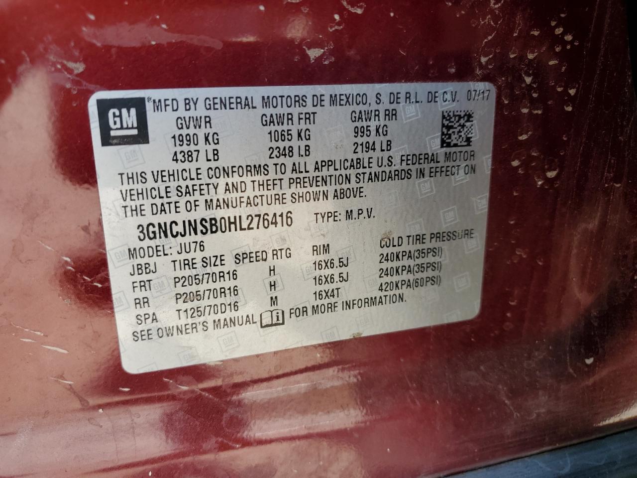 2017 Chevrolet Trax Ls VIN: 3GNCJNSB0HL276416 Lot: 86438415