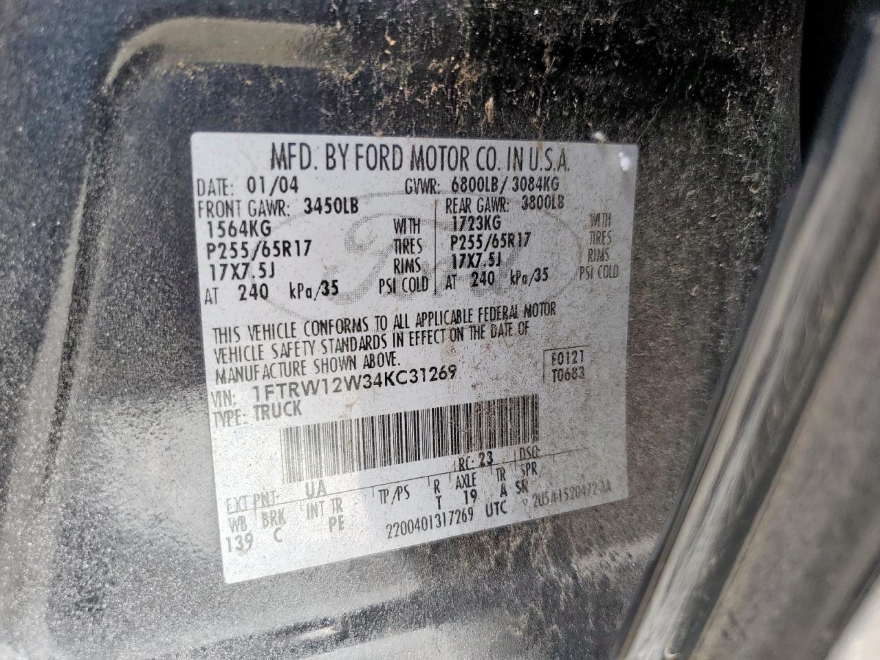 2004 Ford F150 Supercrew VIN: 1FTRW12W34KC31269 Lot: 85317175