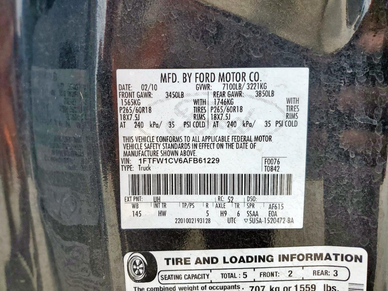 2010 Ford F150 Supercrew VIN: 1FTFW1CV6AFB61229 Lot: 85939555