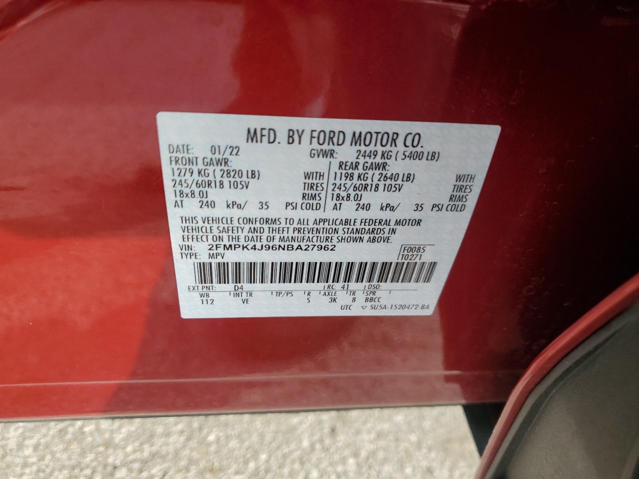 2022 Ford Edge Sel VIN: 2FMPK4J96NBA27962 Lot: 85846255