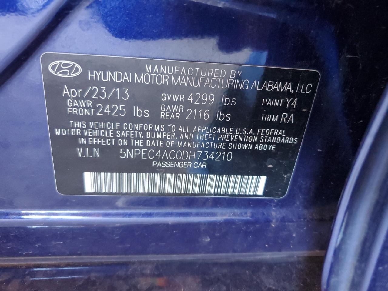 2013 Hyundai Sonata Se VIN: 5NPEC4AC0DH734210 Lot: 86682685