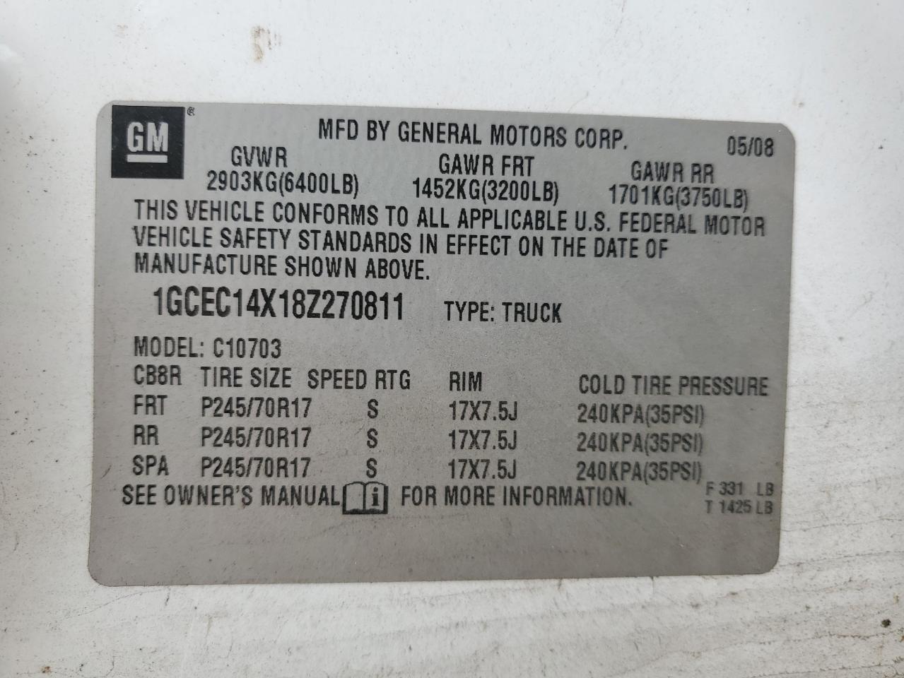 2008 Chevrolet Silverado C1500 VIN: 1GCEC14X18Z270811 Lot: 82322375