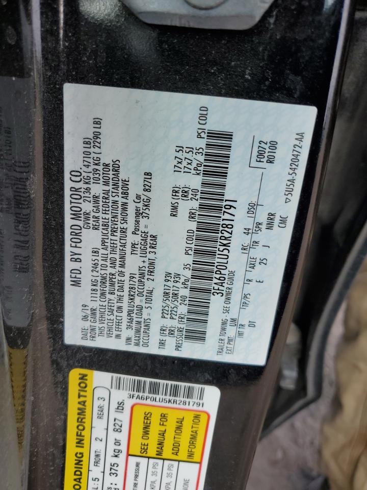 2019 Ford Fusion Se VIN: 3FA6P0LU5KR281791 Lot: 90698545