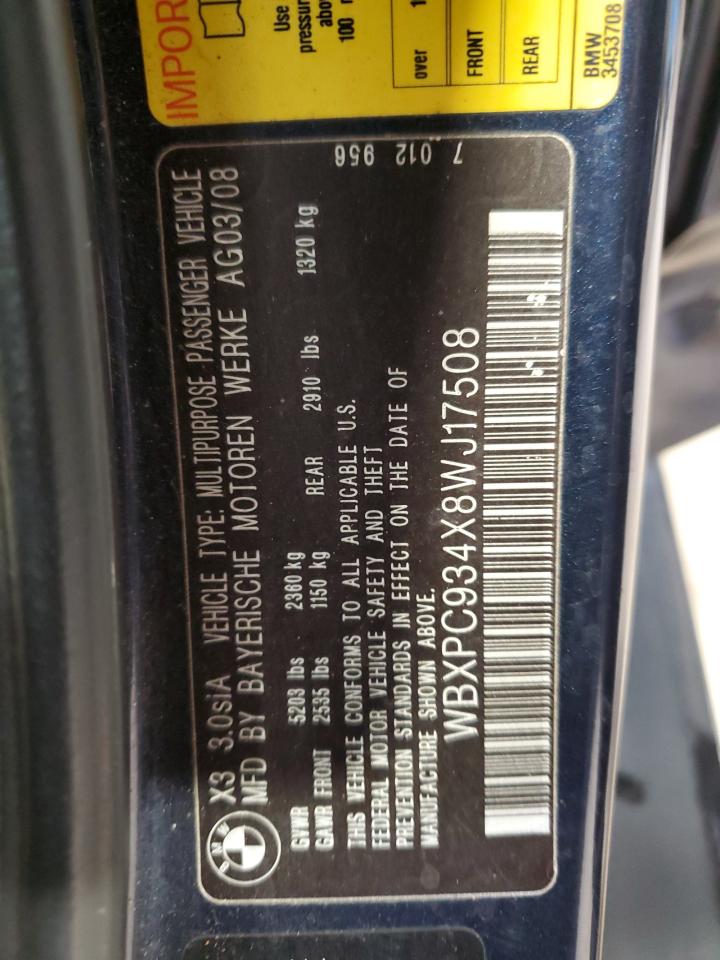 2008 BMW X3 3.0Si VIN: WBXPC934X8WJ17508 Lot: 84699005