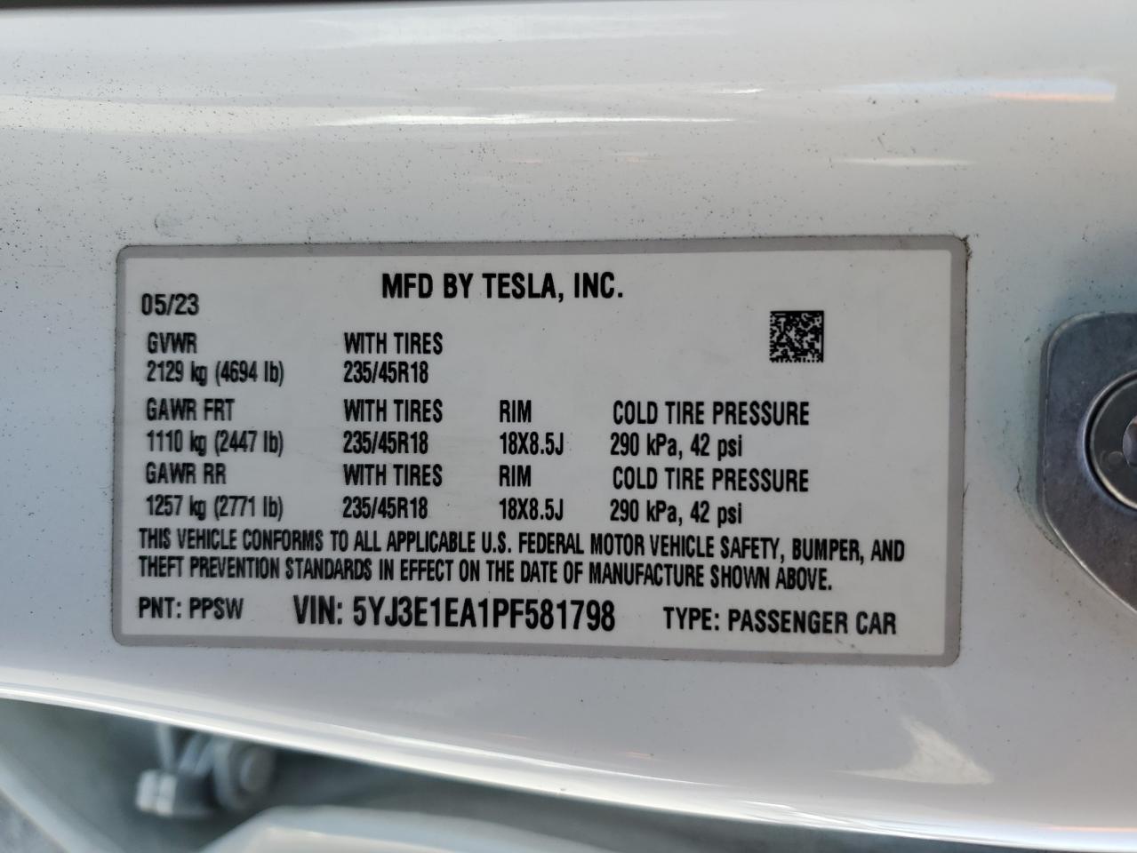 2023 Tesla Model 3 VIN: 5YJ3E1EA1PF581798 Lot: 84482595