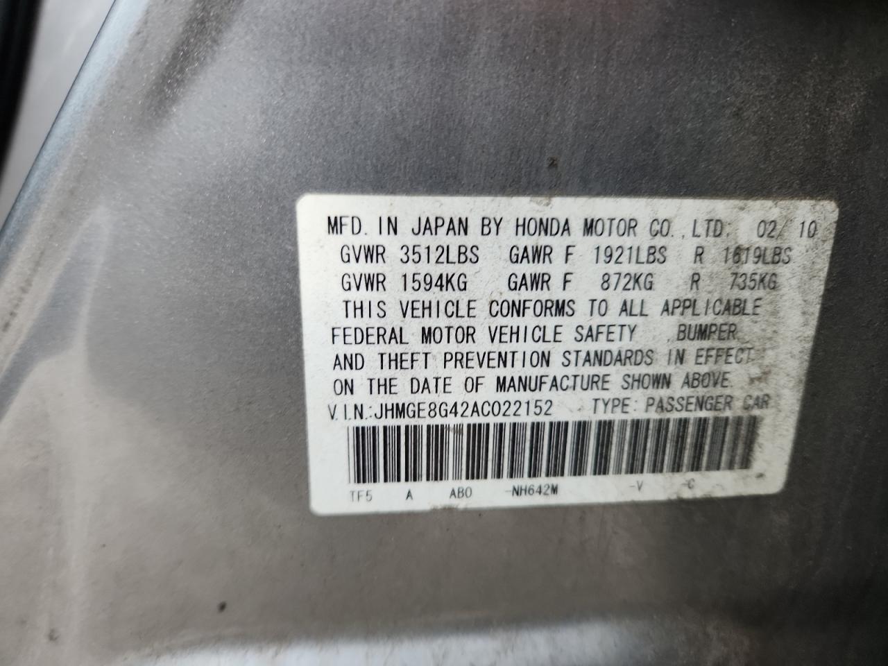 2010 Honda Fit Sport VIN: JHMGE8G42AC022152 Lot: 90836855