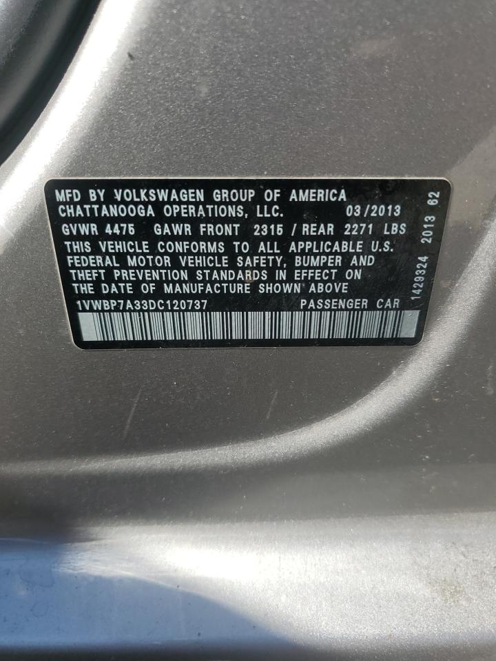 2013 Volkswagen Passat Se VIN: 1VWBP7A33DC120737 Lot: 92914955
