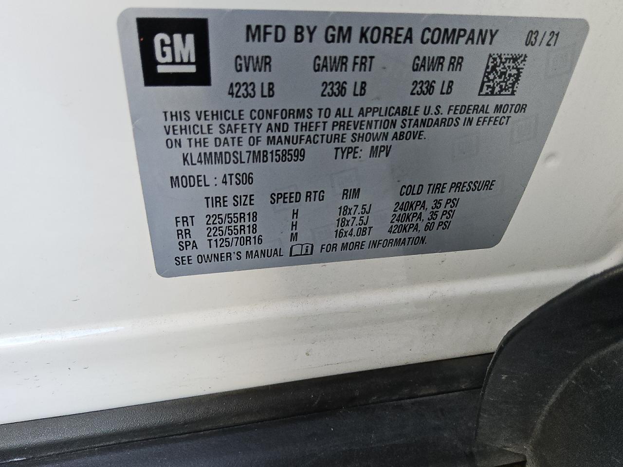 2021 Buick Encore Gx Select VIN: KL4MMDSL7MB158599 Lot: 87053055