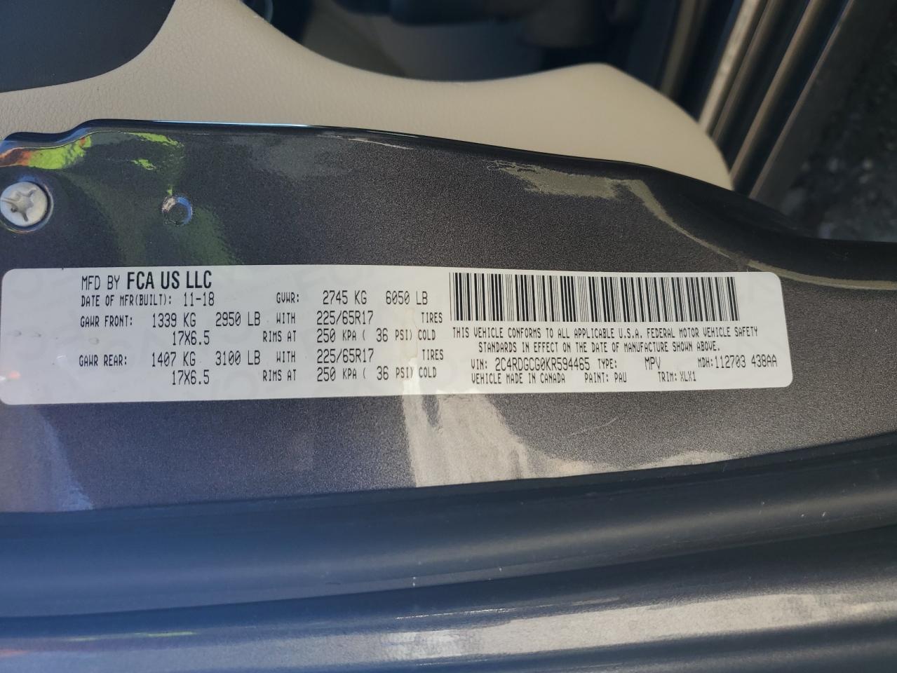 2019 Dodge Grand Caravan Sxt VIN: 2C4RDGCG0KR594465 Lot: 90063295