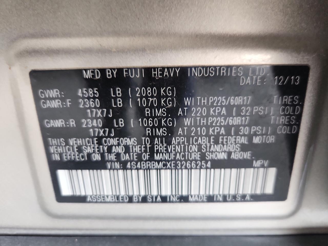 2014 Subaru Outback 2.5I Limited VIN: 4S4BRBMCXE3266254 Lot: 81962925