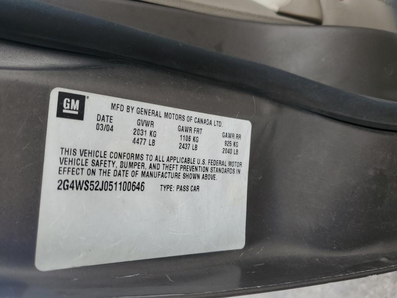 2005 Buick Century Custom VIN: 2G4WS52J051100646 Lot: 90317015