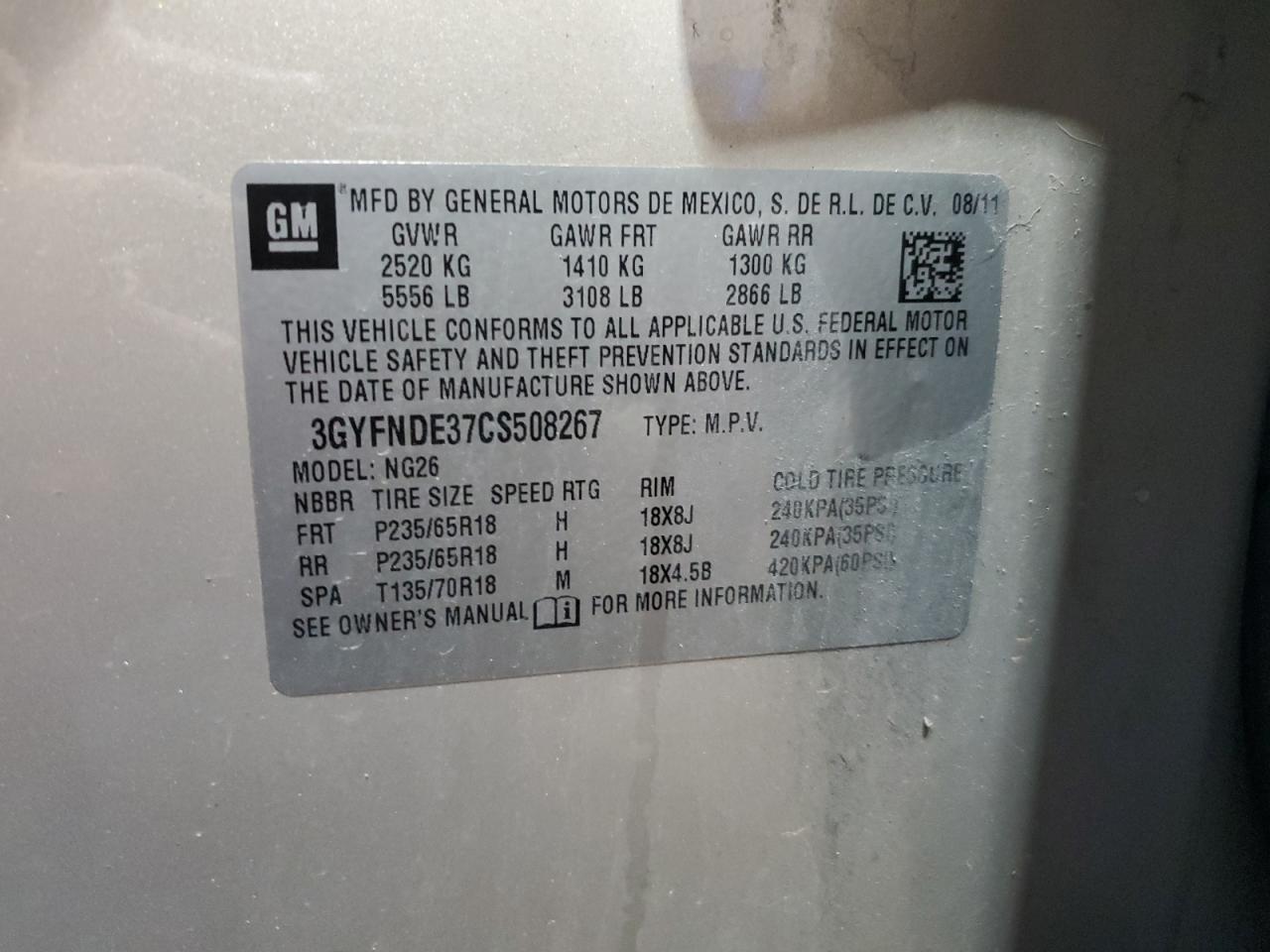 2012 Cadillac Srx Luxury Collection VIN: 3GYFNDE37CS508267 Lot: 85083395