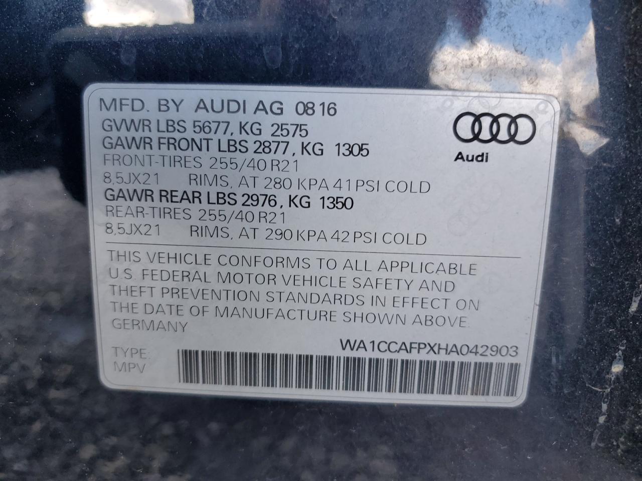 2017 Audi Sq5 Premium Plus VIN: WA1CCAFPXHA042903 Lot: 90464165