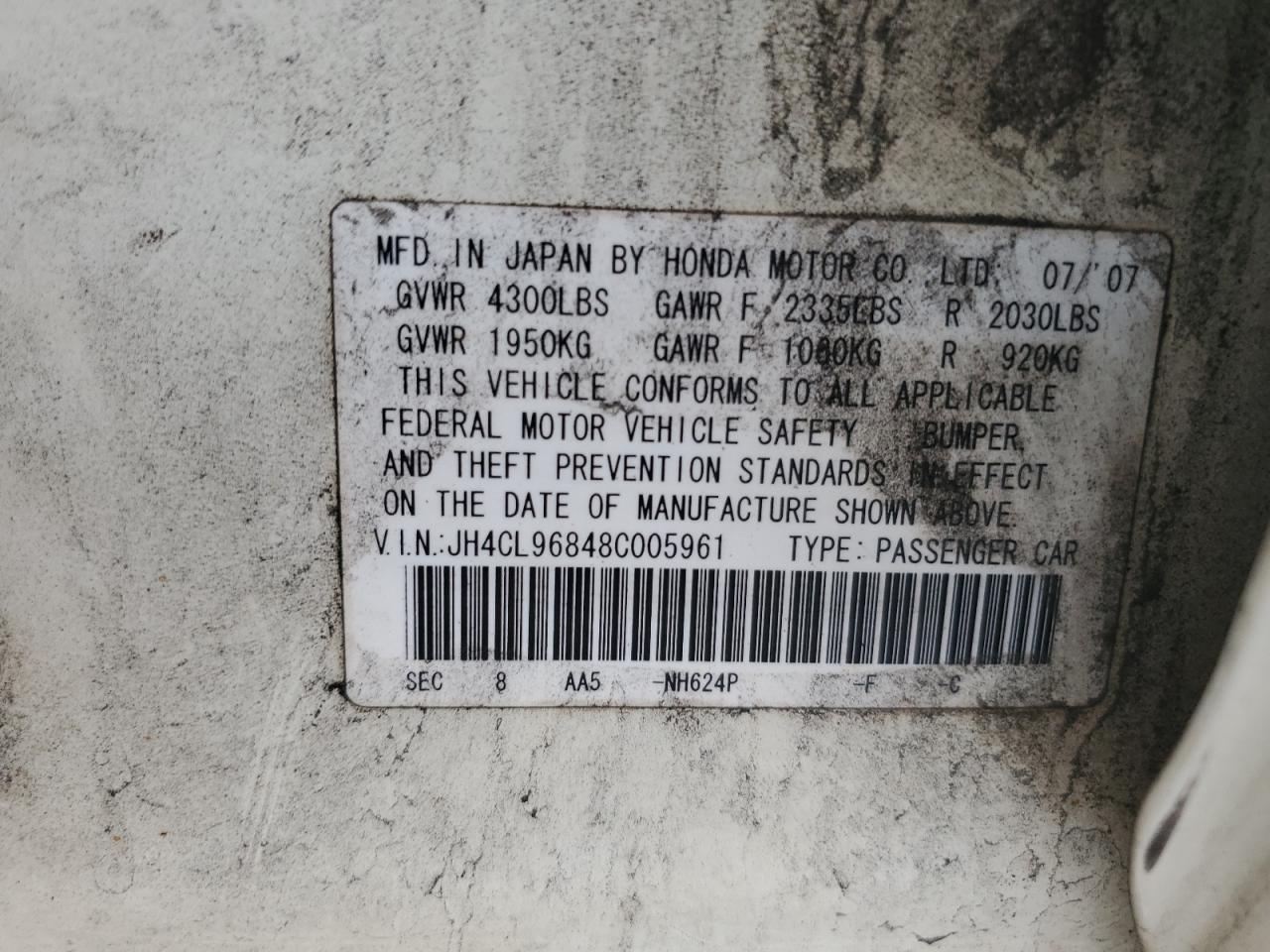 2008 Acura Tsx VIN: JH4CL96848C005961 Lot: 85096035