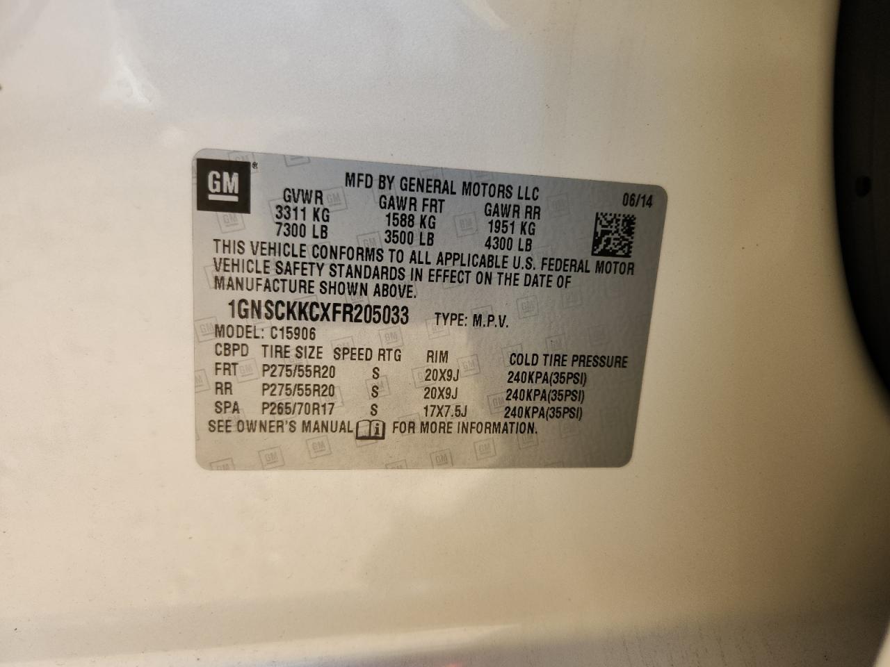 2015 Chevrolet Suburban C1500 Ltz VIN: 1GNSCKKCXFR205033 Lot: 84633725