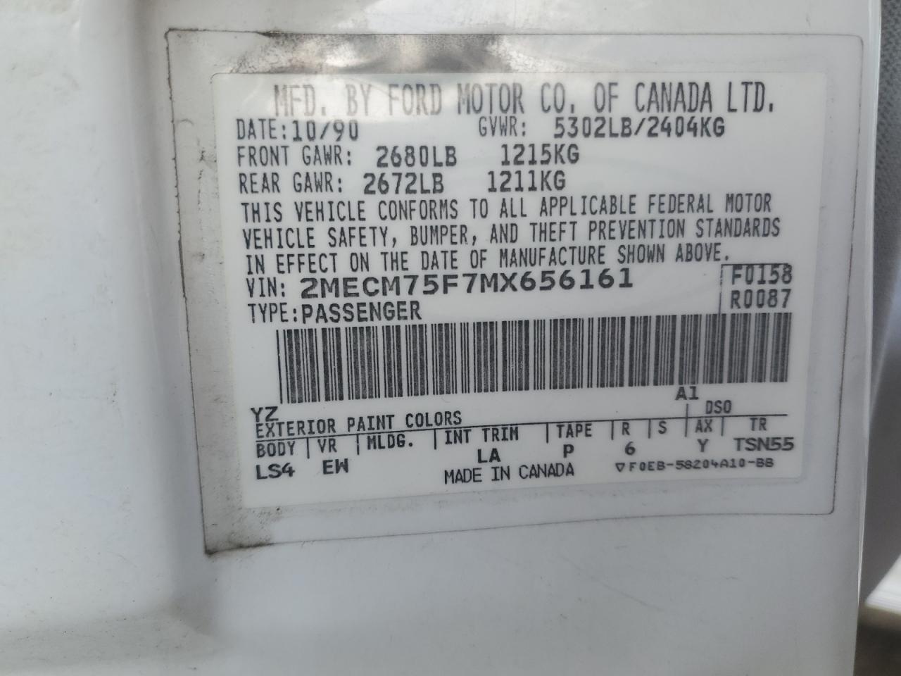 1991 Mercury Grand Marquis Ls VIN: 2MECM75F7MX656161 Lot: 85704175