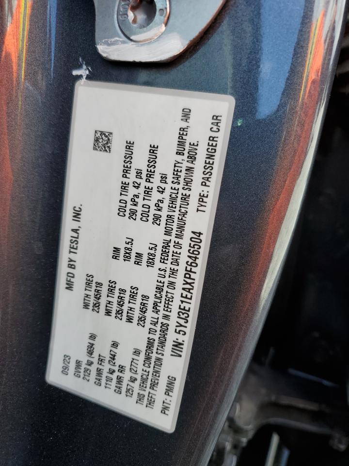 2023 Tesla Model 3 VIN: 5YJ3E1EAXPF646504 Lot: 84777555