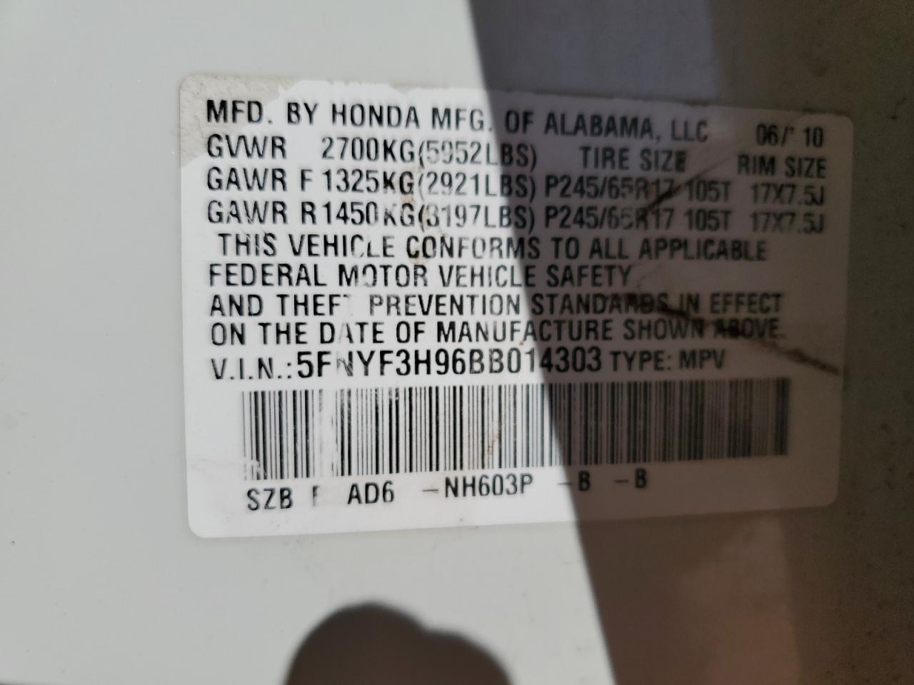 2011 Honda Pilot Touring VIN: 5FNYF3H96BB014303 Lot: 86658005