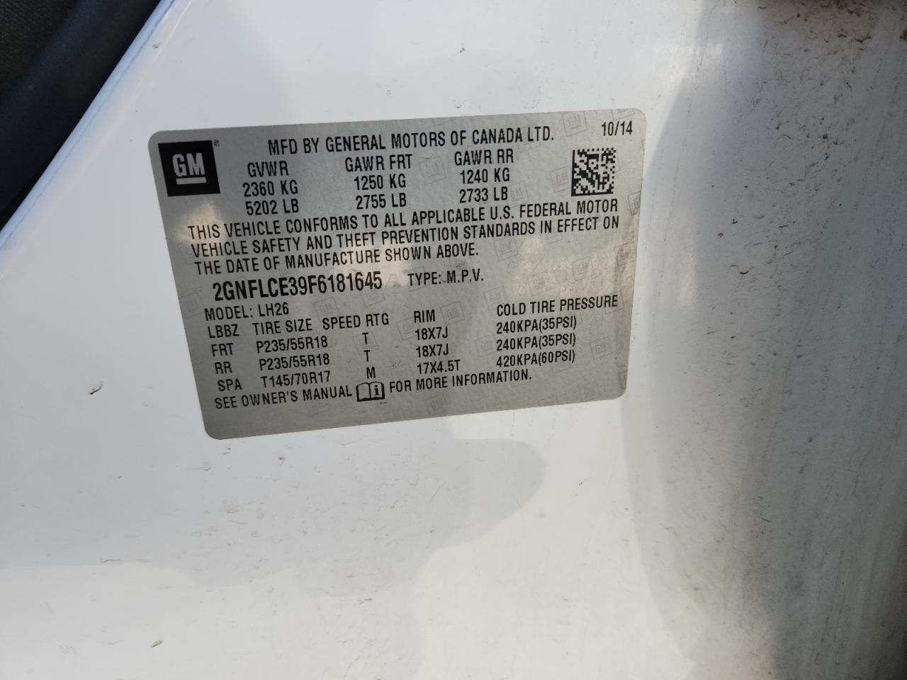 2015 Chevrolet Equinox Lt VIN: 2GNFLCE39F6181645 Lot: 82285995