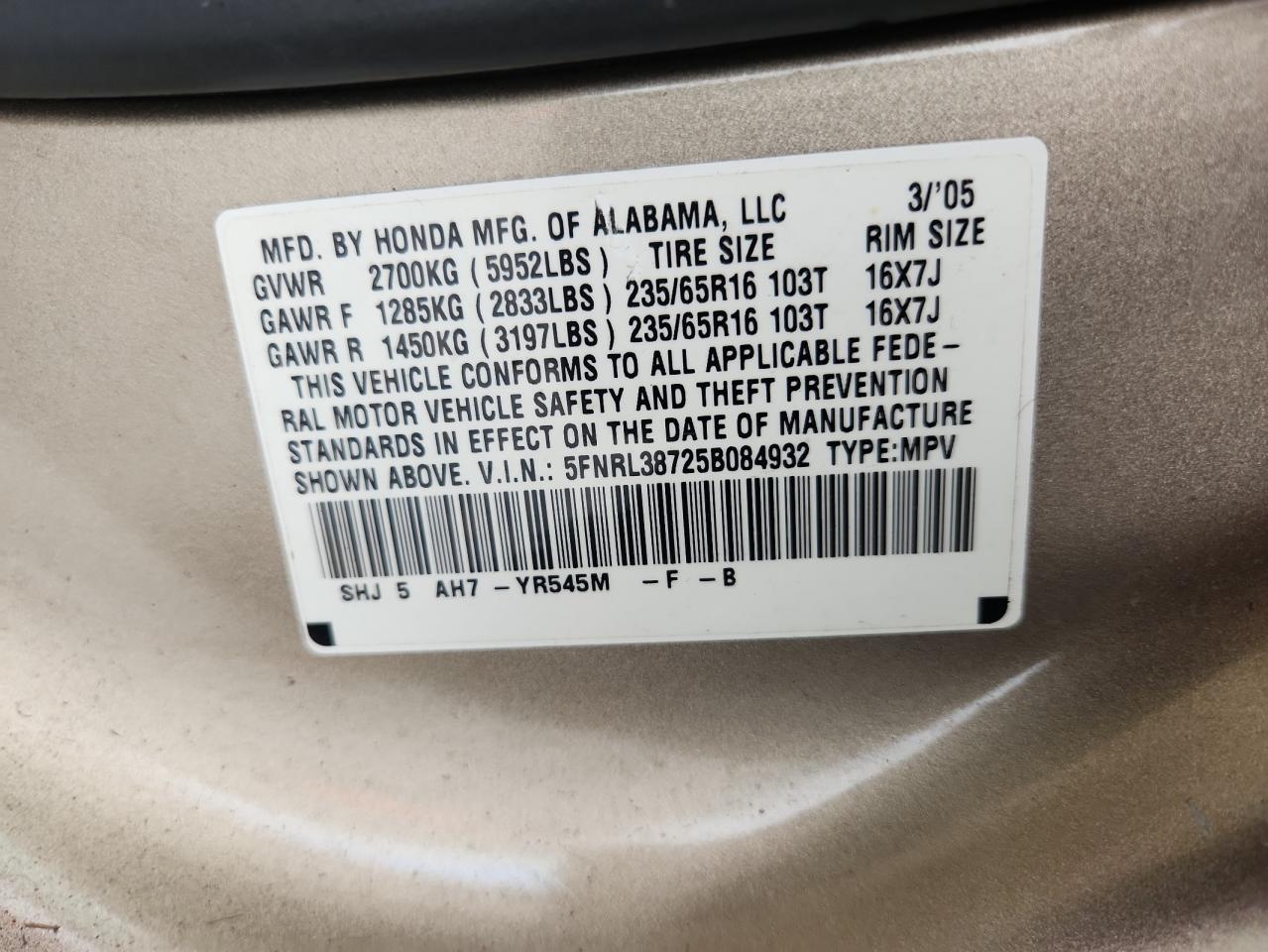 2005 Honda Odyssey Exl VIN: 5FNRL38725B084932 Lot: 86071435