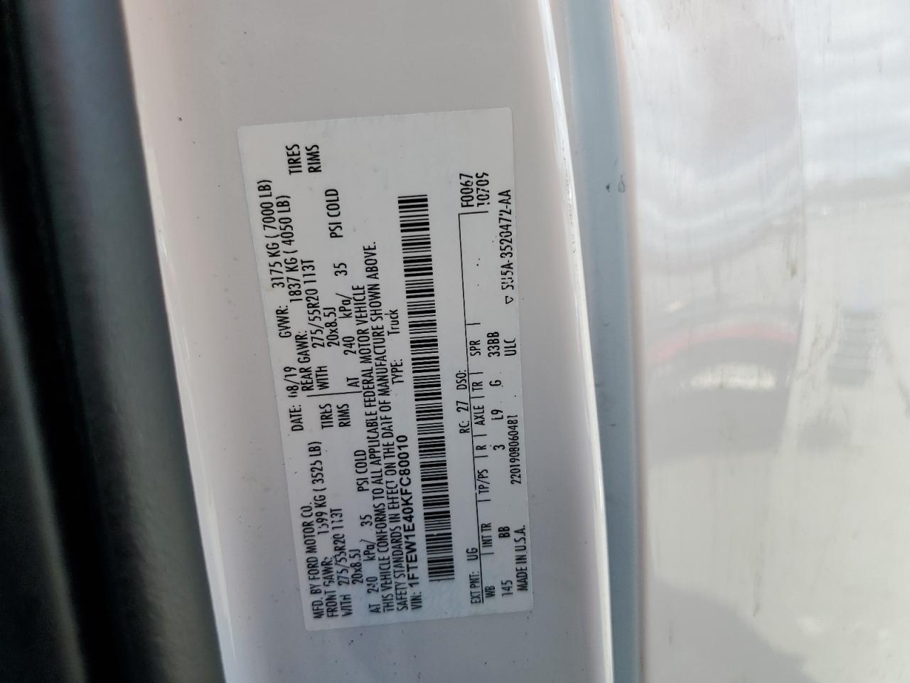 2019 Ford F150 Supercrew VIN: 1FTEW1E40KFC80010 Lot: 84733725