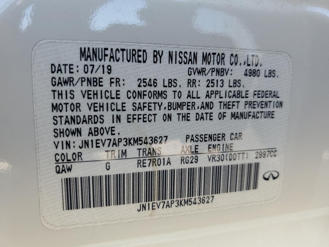 2019 Infiniti Q50 Luxe VIN: JN1EV7AP3KM543627 Lot: 86094295