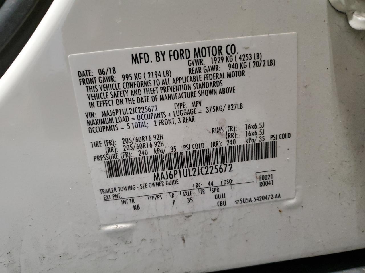 2018 Ford Ecosport Se VIN: MAJ6P1UL2JC225672 Lot: 84893045